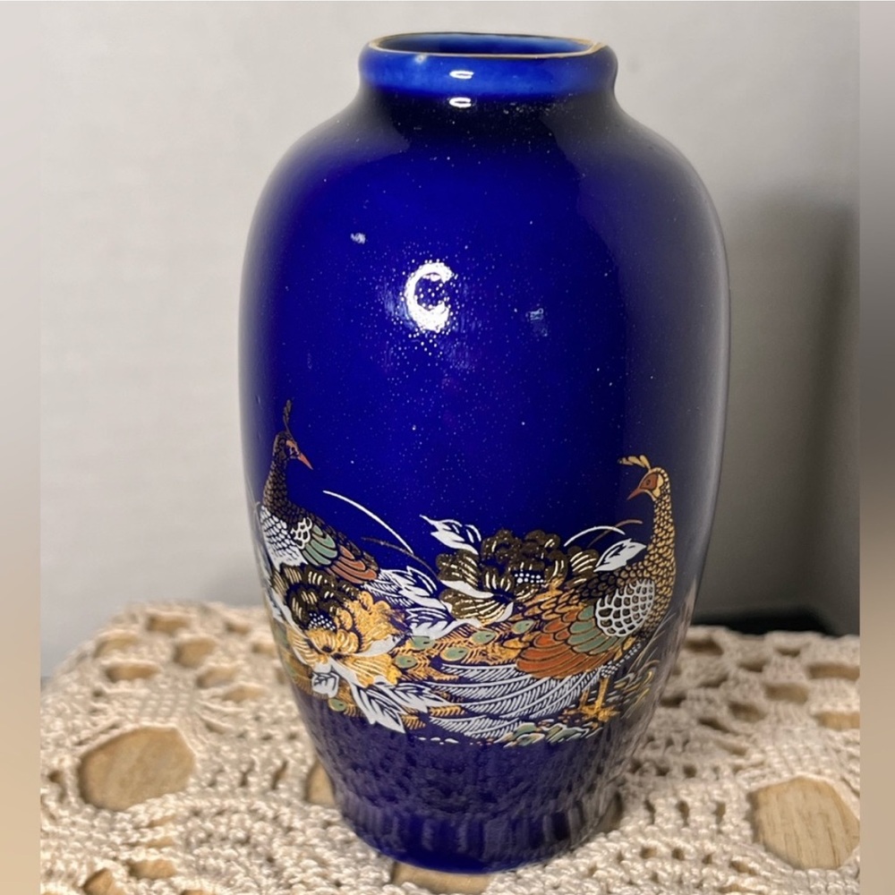 Vintage Japanese Kutani Peacock Bud Vase Cobalt Blue Gold Floral Japan